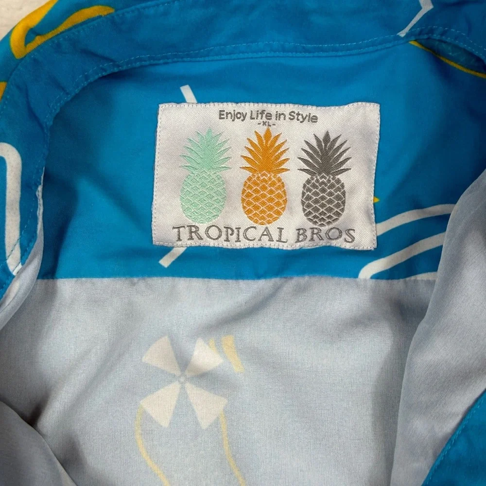 Tropical Bros High Noon Sun Sips Hawaiian Shirt Mens XL Blue Short Sleeve Button